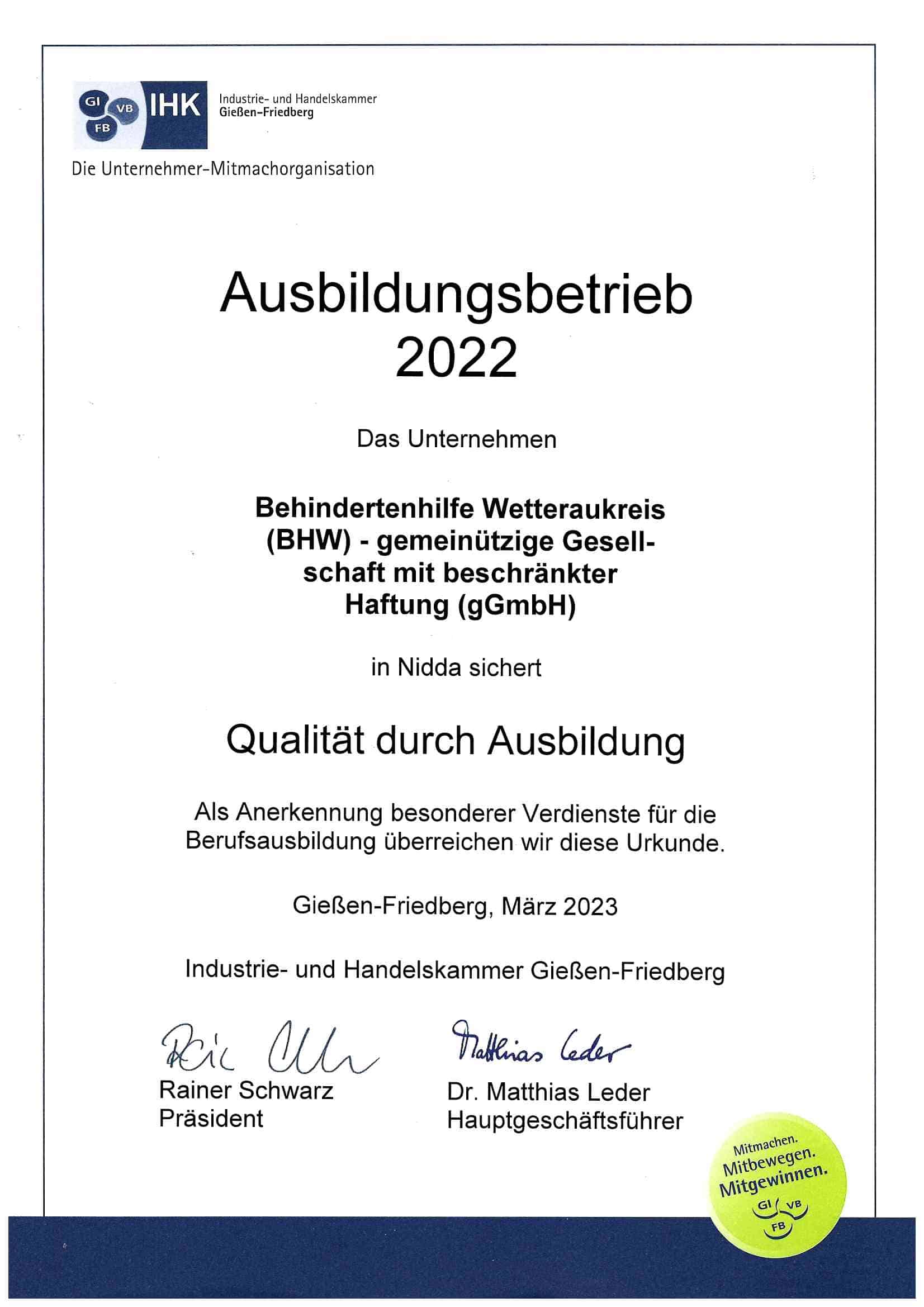 IHK_Urkunde Ausbildungsbetrieb 2022 Ausbildungsbetrieb